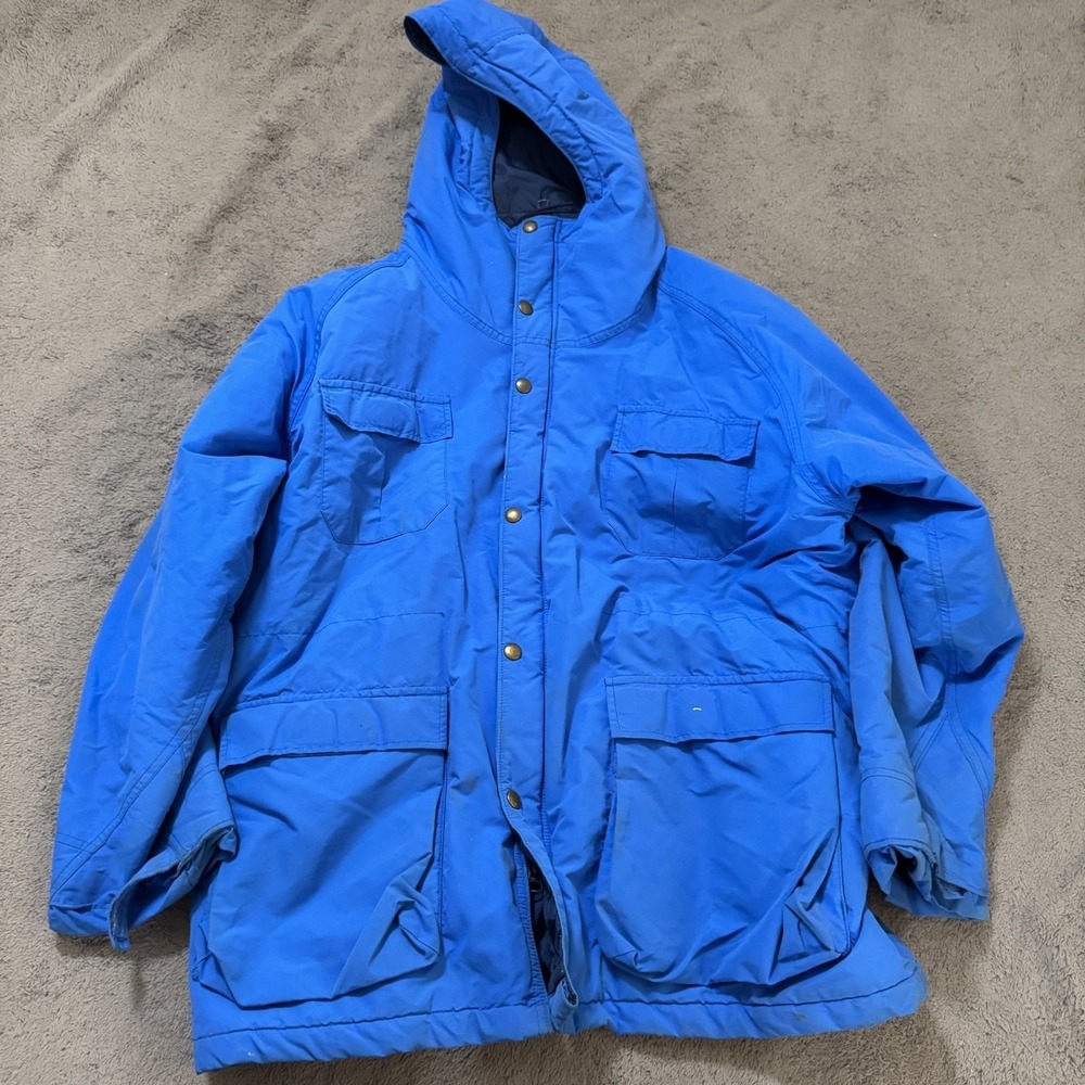 Woolrich Jacket Mens XL Blue Hooded Insulated Coat Large Pockets Vintage USA